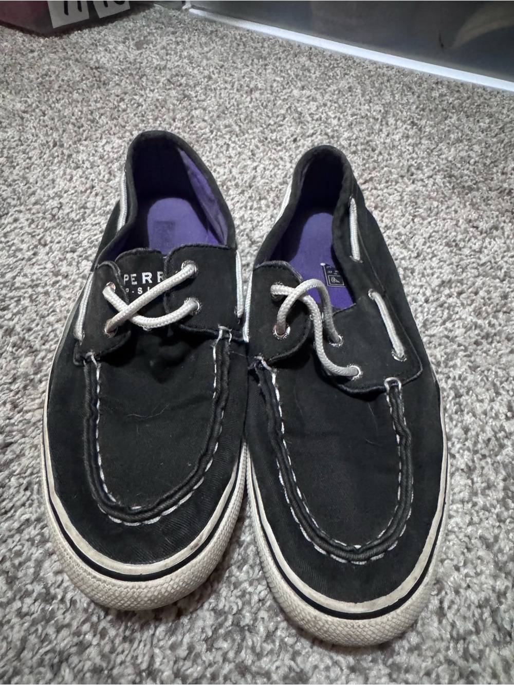 Sperry Men’s Black Canvas Boat Shoes with Purple Insole